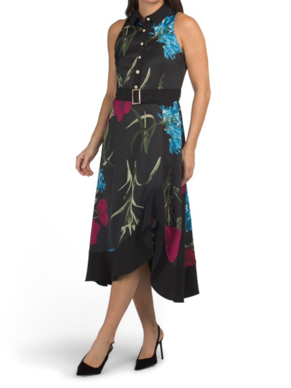 KARL LAGERFELD Satin Belted Classic Collar Maxi Dress